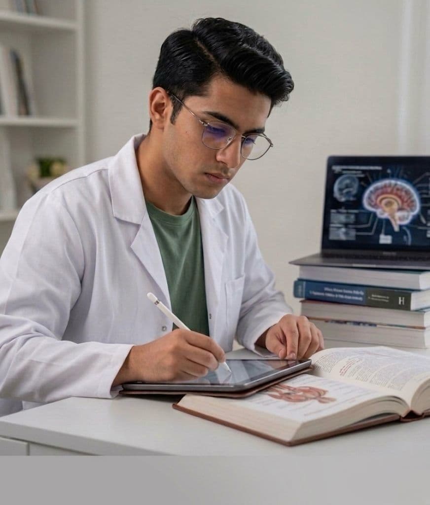 طالب طب يذاكر على تابلت وبجانبه كتب ولابتوب